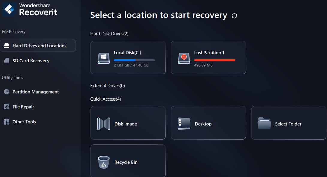Wondershare Recoverit Main Menu